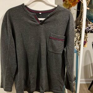Men’s Grey Long Sleeve Cotton Sleeping Shirt with Red-Blue Accent